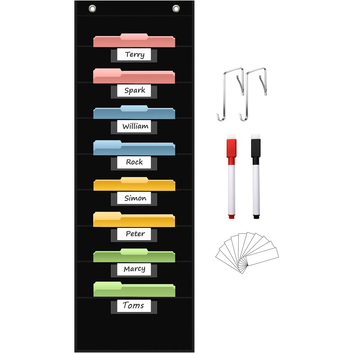 Wall Mount File Storage Chart - Office Desk Organizer with 8 Main Compartments, 8 Nametag Slots, Multiple Pockets, Modern Home Decor for Classrooms, Assignments & Papers Organizer