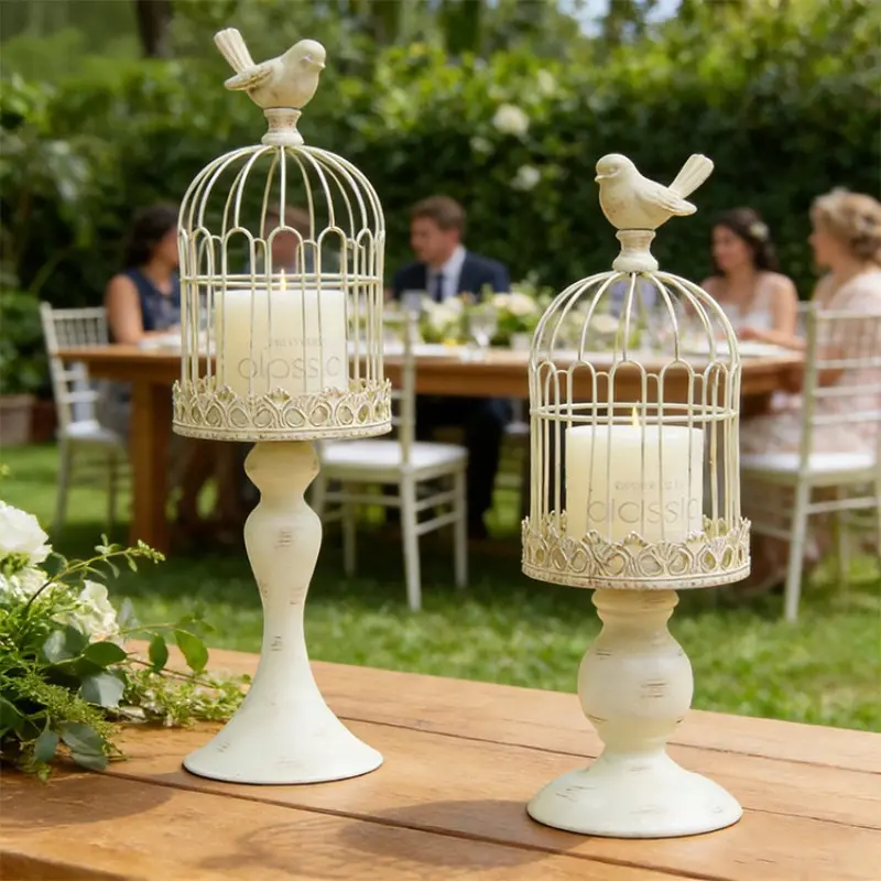 Vintage Birdcage Candle Holder Set (2 Pieces), Rustic Tea Wax and Small Pillar Candles, Retro Wedding Centerpiece, Unique Home Decor