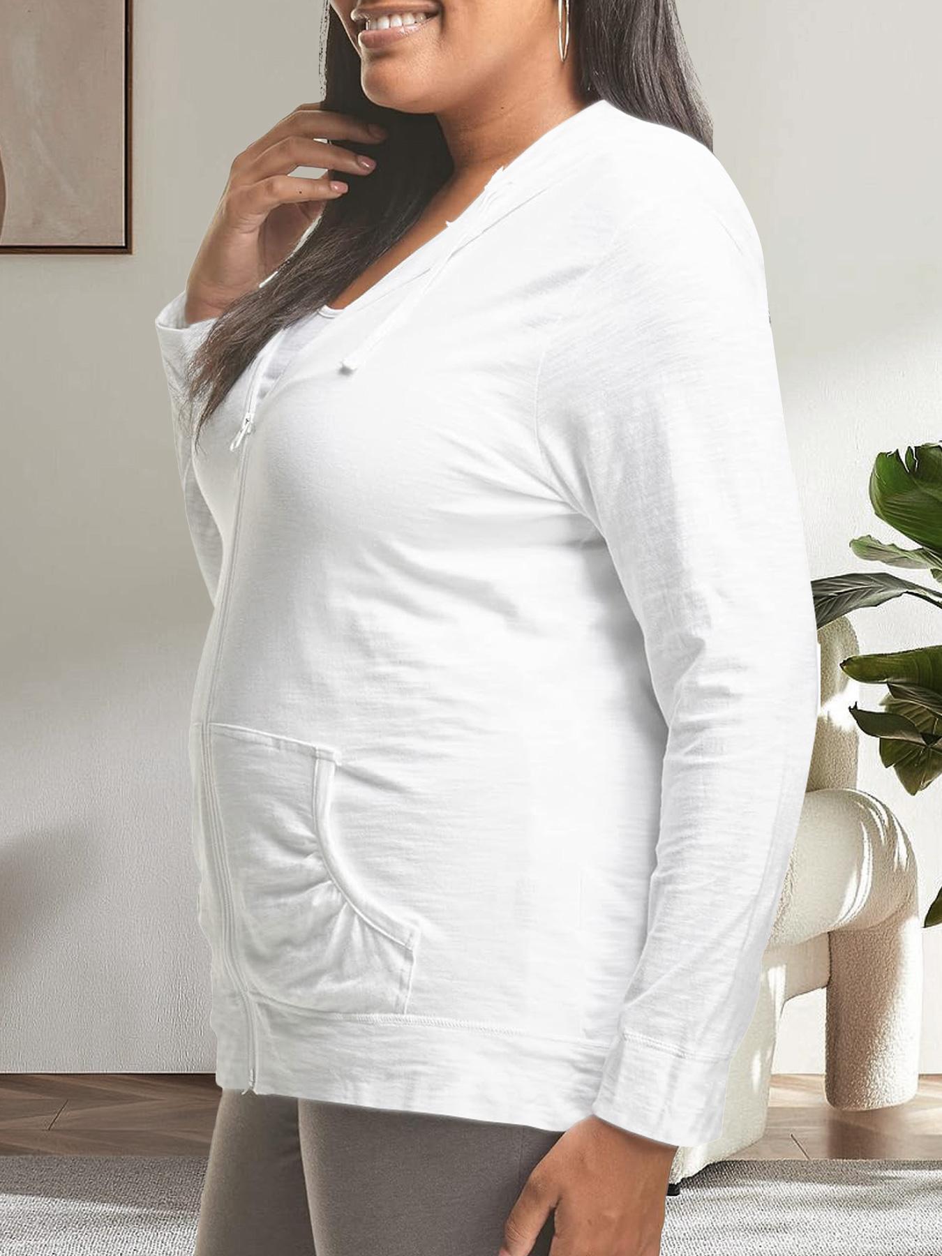 【Plus Size】 Solid Drawstring Pocket Zip Up Casual Hoodie Jacket Long Sleeve Hooded Outerwear for Fall & Winter, Women's Plus Clothing for Daily Wear