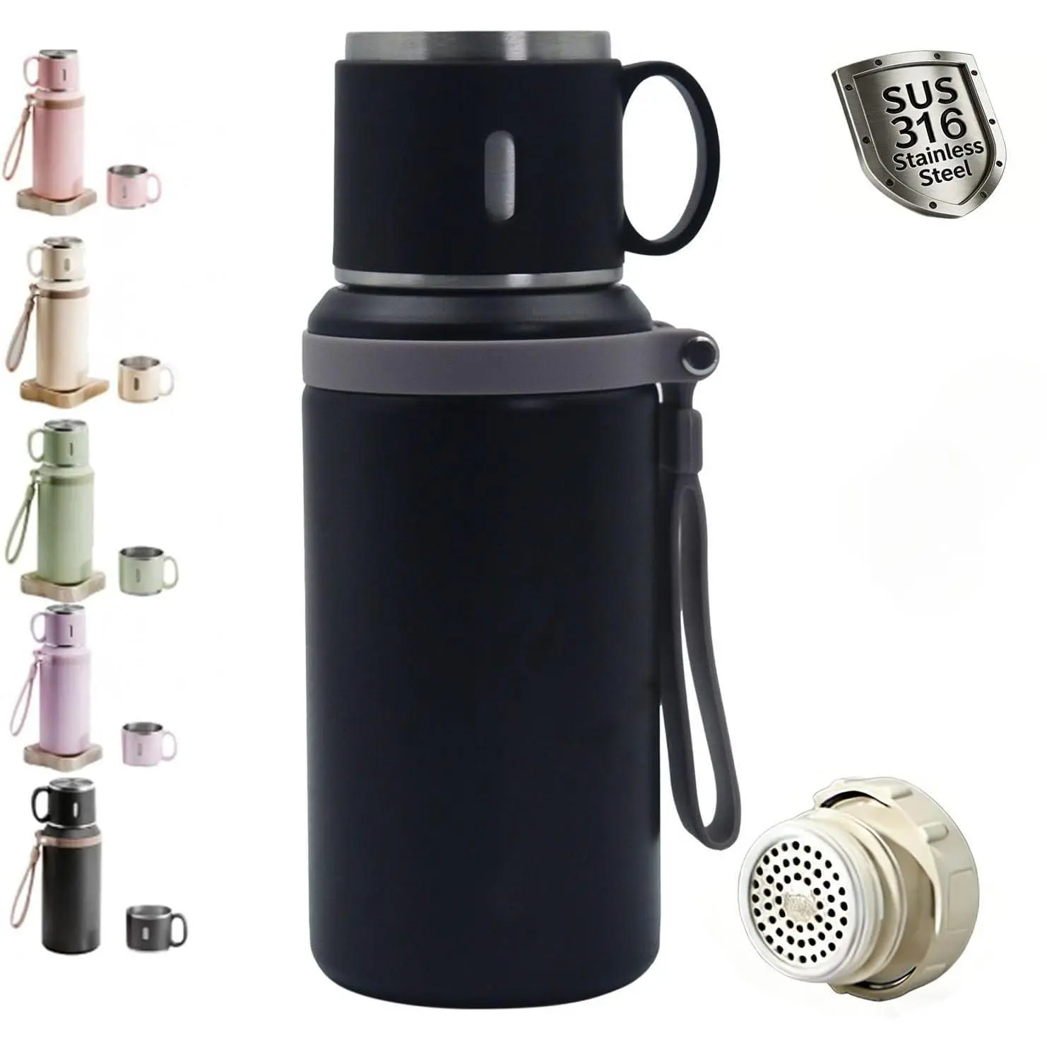2 In 1 Stainless Steel Vacuum Insulated Bottle With Lidded Cup, 316 Stainless Steel, Keep Drinks Hot Cold, 600/800ML Portable Leakproof Large Capacity Coffee Bottles (Blcak,600ML)