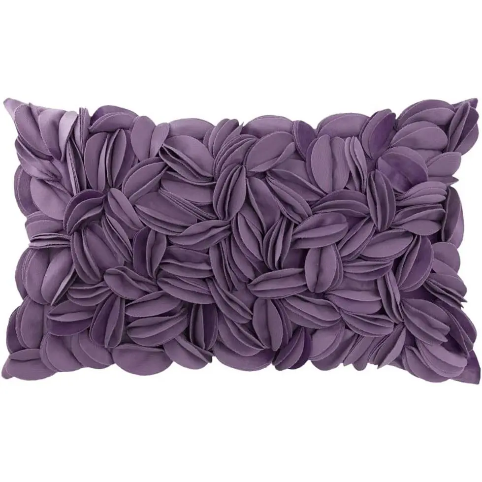 Hand Crafted Velvet Fabric Flower Motif Rectangular Cushion Cover - 12x20 in. Soft Texture Pillow Case for Sofa, Living Room Office Furniture