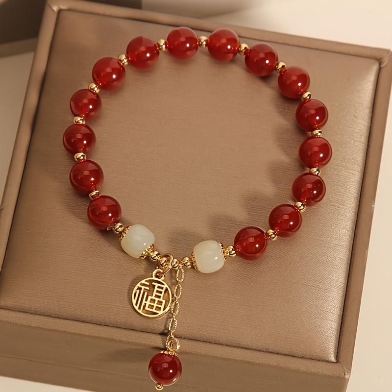 Women's Chinese Lucky Fortune Bracelet - Red Good Luck Charm Beads with Fu Character, Elegant Vintage Jewelry Gift for Mothers Day, Birthdays & Daily Wear for Luck