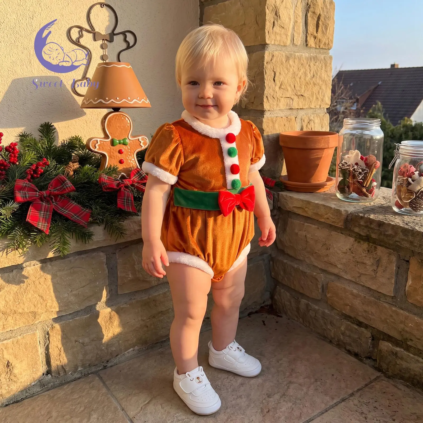 Baby Girls Christmas Romper Short Sleeve Crew Neck Gingerbread Man Bodysuit