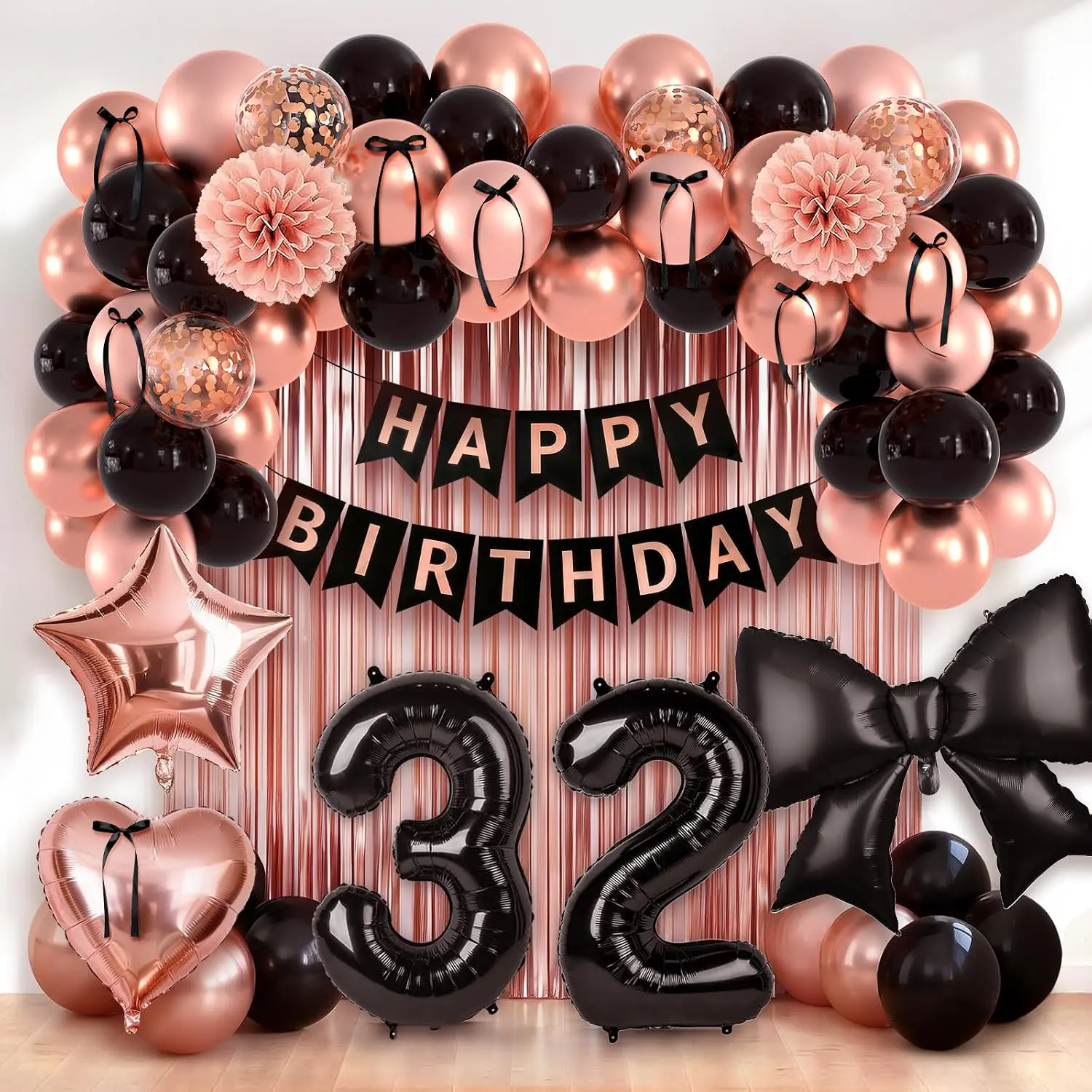 32nd Birthday Decorations for Women |   Rose Gold & Black Party Kit with 32 Number Balloons, Fringe Curtain, Balloon Arch