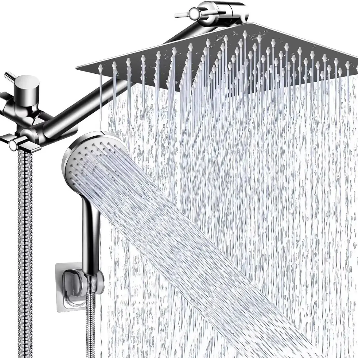 High-Pressure Rain Shower Head Combo Set, 11-Inch Extension Arm, 9 Water Modes, Leak-Proof, Adjustable Height and Angle, Chrome and Matte Finish, Rainfall Shower Head