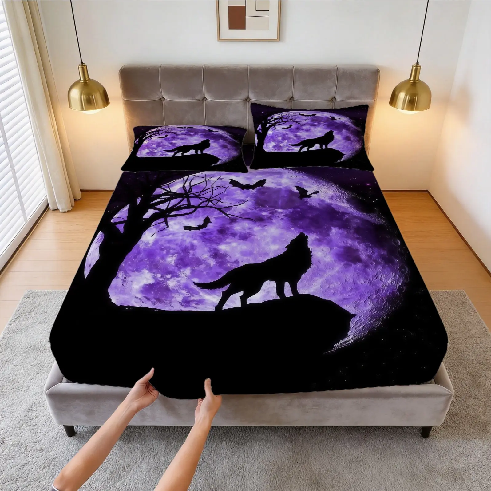 3-Piece Howling In The Dark Lone Wolf Pattern Fitted Sheet Set, Gothic Bedding Set, Including 1 Sheet And 2 Pillowcases (Pillow Inserts Not Included), Suitable For Teenagers And Adults, Bedroom, Apartment, Guest Room, Dormitory Scene