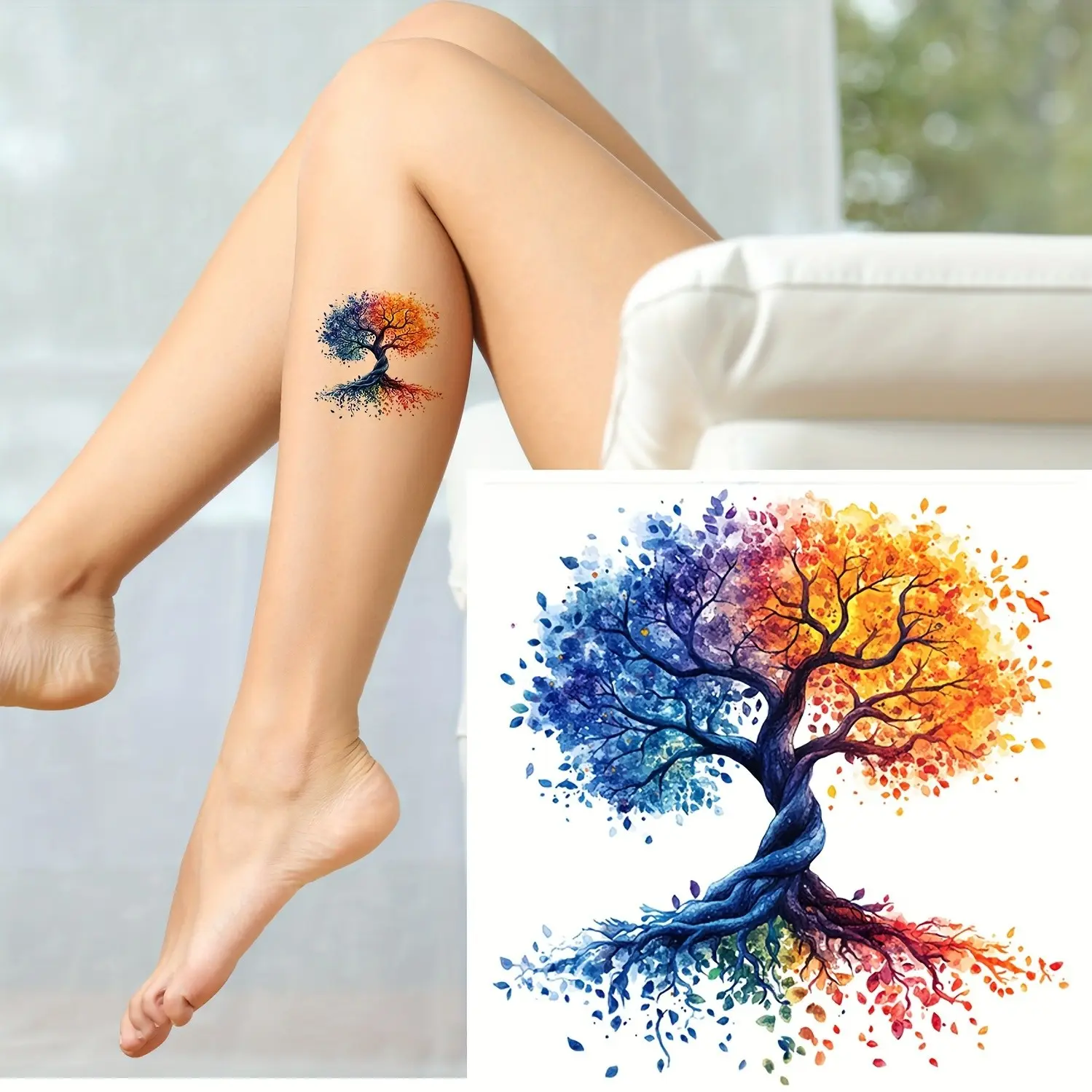 4 Sheets Vibrant Tree of Life Temporary Tattoos, Colorful Body Art Stickers for Parties, Unisex Design, Intricate Tattoo Design, Ephemeral Tattoos