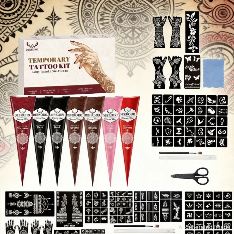 DeerGirl Henna Temporary Tattoo Kit, 6 Color Henna Cones For Skin + Reusable Henna Stencils, Henna Designs, Natural Long Lasting Temporary Body Art Tattoo Paste for Women Wedding Party DIY Henna Tattoo Supplies