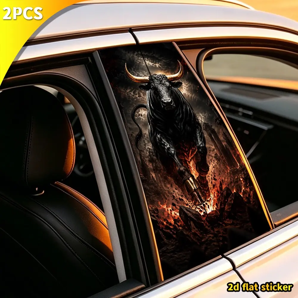 2pcs Dark Art Gold Bull Car B Pillar Protection Sticker, Volcanic Flame Classical Ruins Print, Weatherproof Custom Body Exterior Decor, Stickers For Cars