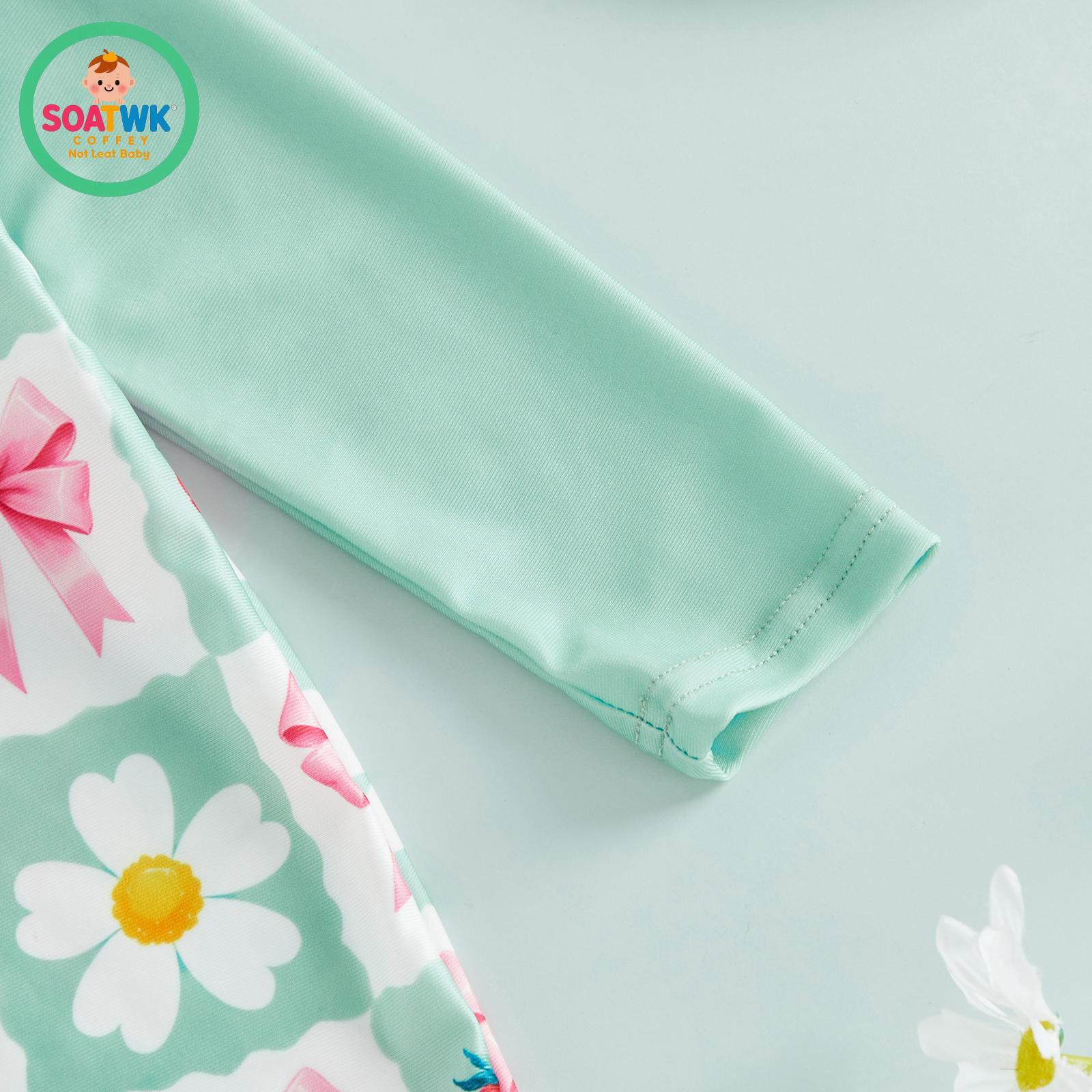 Kids Girl Rash Guard Swimsuits Strawberry Bow Floral Print Long Sleeves Swimwear and Swim Cap for Toddler