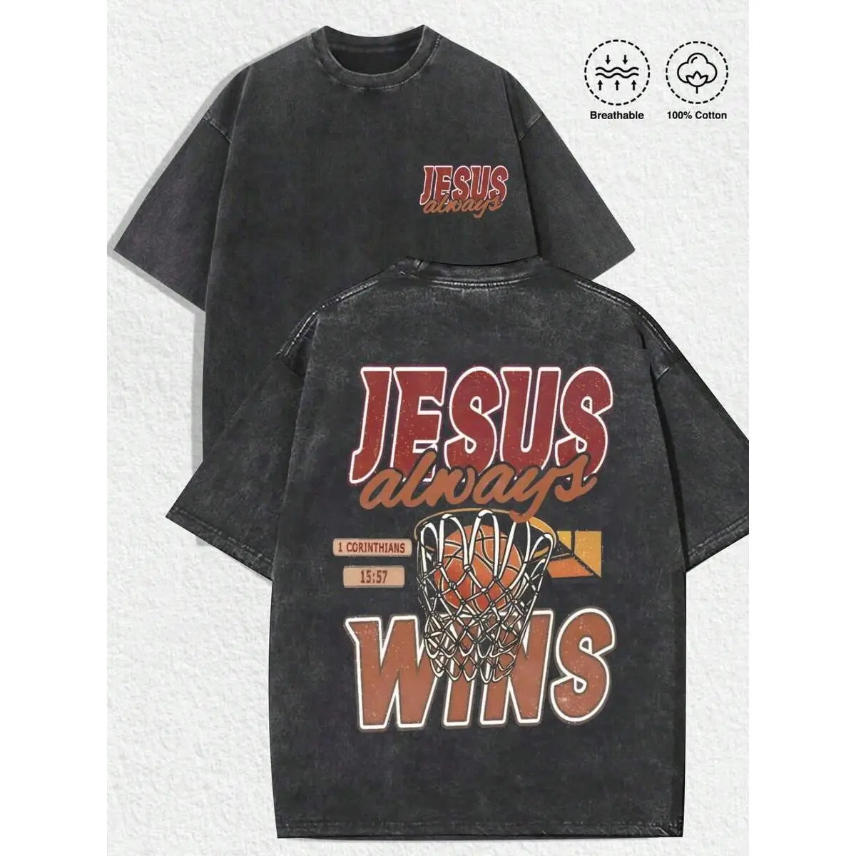 1 PCS Religious "Jesus Always Wins" Basketball Graphic Tee: Featuring Distressed Vintage Finish, Front "JESUS Always" Letter Print, Back Bold "JESUS Always WINS" Lettering With Basketball Hoop & Ball Illustration, Inspirational Biblical Text From 1