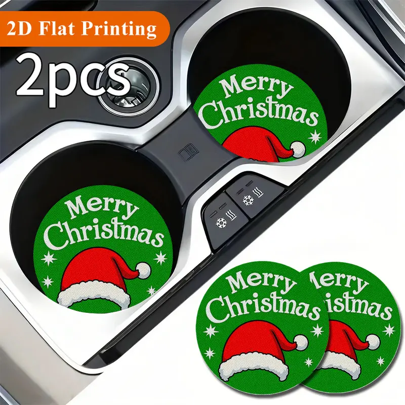 Coaster 2pcs, Merry Christmas Wishes Absorbent Car Cup Holder Coaster Mat - Universal Fit Auto Interior Accessories for Men & Women, Water Cup Coaster for Car Vehicle & Home Desk, Washable Rubber Cup Mats