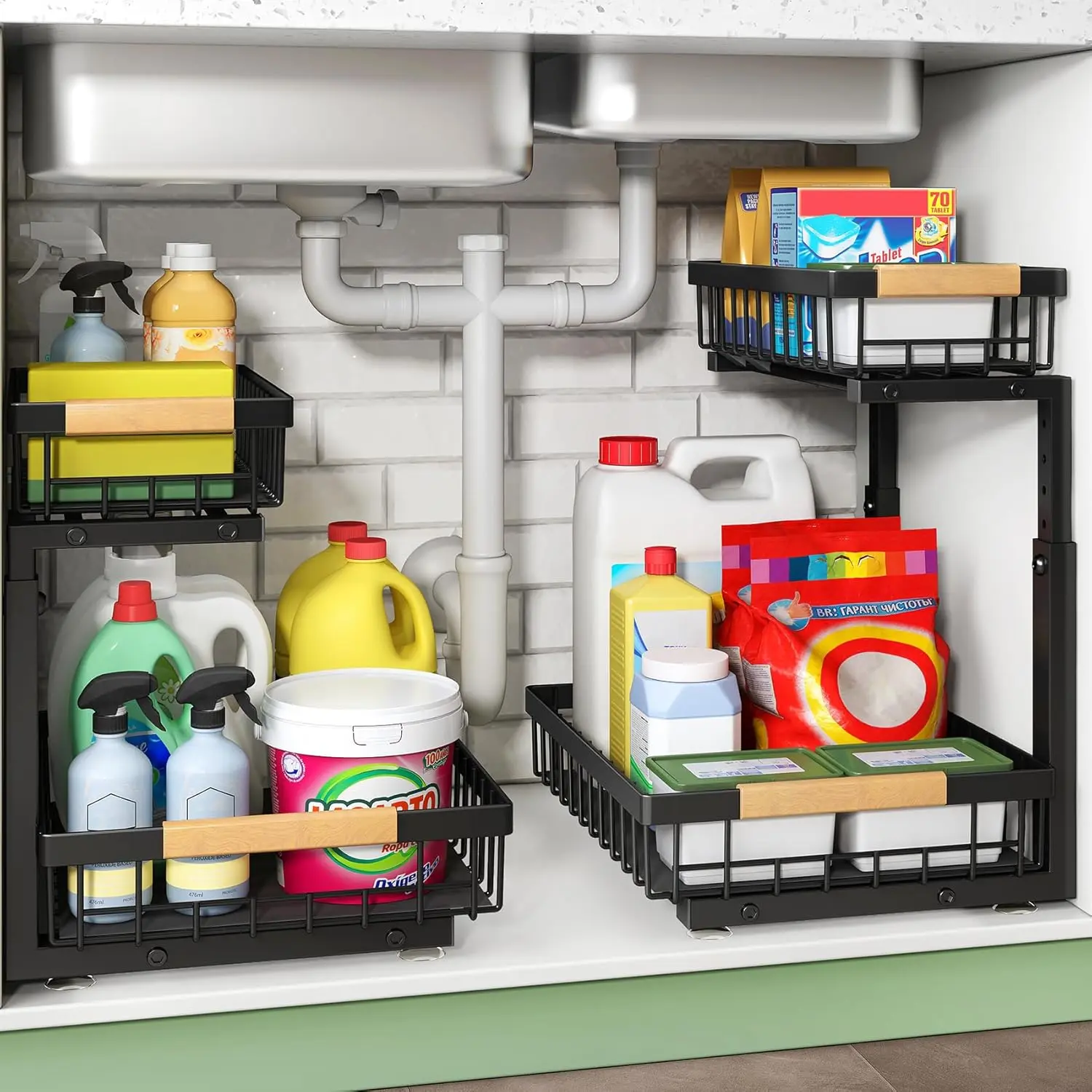 Under Sink Organizer 2 Tier, Metal Pull Out Shelf & Sliding Drawer, for Kitchen, Bathroom, Pantry & Closet, Black, 2 Pack