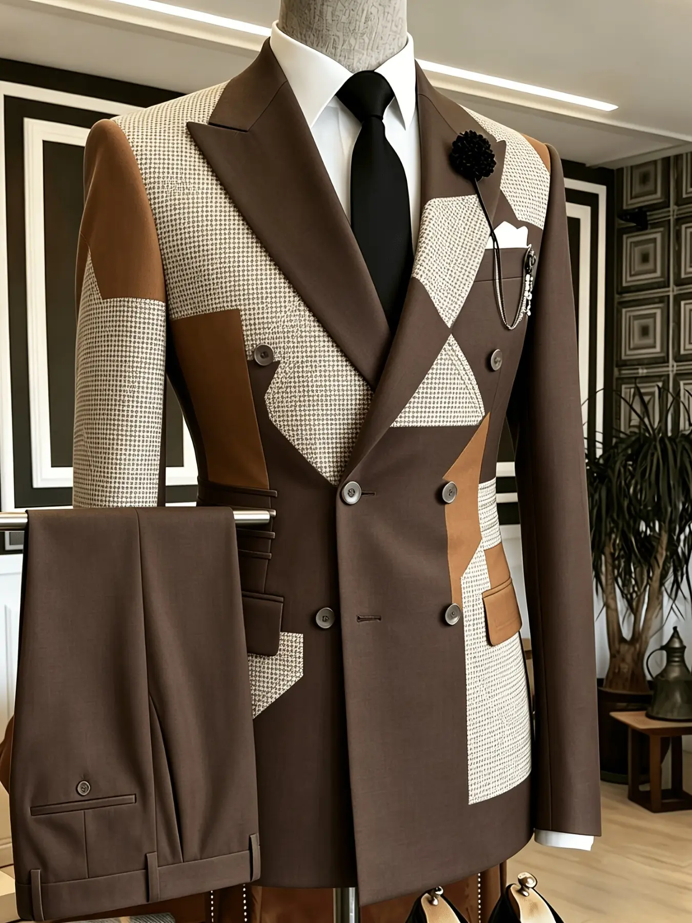 Ainwear Men's Patchwork Houndstooth 2-Piece Suit, Double Breasted Blazer & Solid Pants, Formal Wedding Prom Tuxedo