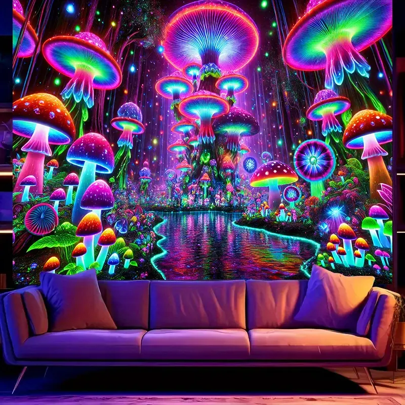 Extra-Large UV Reactive Fluorescent Mushroom Forest Polyester Blacklight Tapestry - 1-Piece 2D Flat Spooky Art Halloween Wall Decoration, Cotton Hanging Flag Poster Banner for Indoors Living Spaces, Custom Printing Fan Gift Accessory