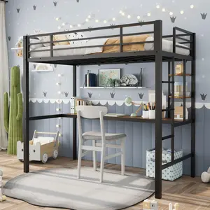 Space-Saving Metal Loft Bed with Large Desk & Storage Shelves – Heavy Duty Bunk Frame with Ladder, Safety Guardrail – Twin Size for Kids & Adults