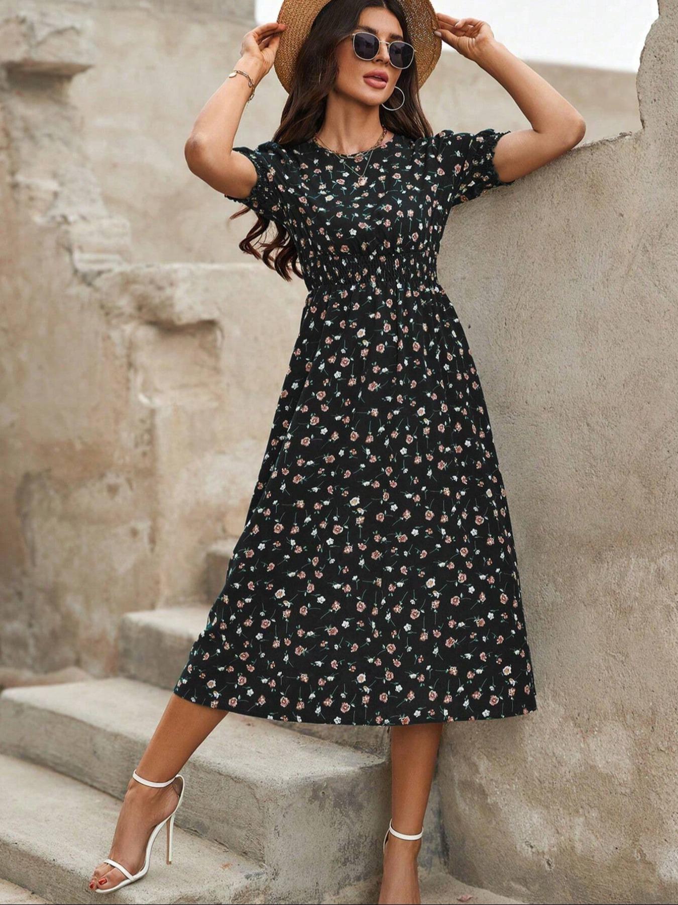 Women's Floral Print Bubble Hem Dress, Round Neck Waist Cinched Design, Boho Style Midi Skirt, Fitted Short Sleeve, All Seasons