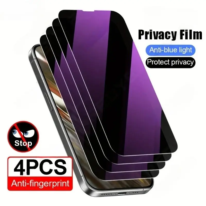 4pcs Anti-Blue Light Privacy Screen Protector for iPhone 17 Air/17 Pro Max/17 Pro/17/16E/16/15/14/13/12/11/Pro/Pro Max/Plus/Mini/X/XR/XS/XS MAX,FullCoverage,Anti-Spy,Anti-Fingerprint,Scratch Resistance, Durable Protector