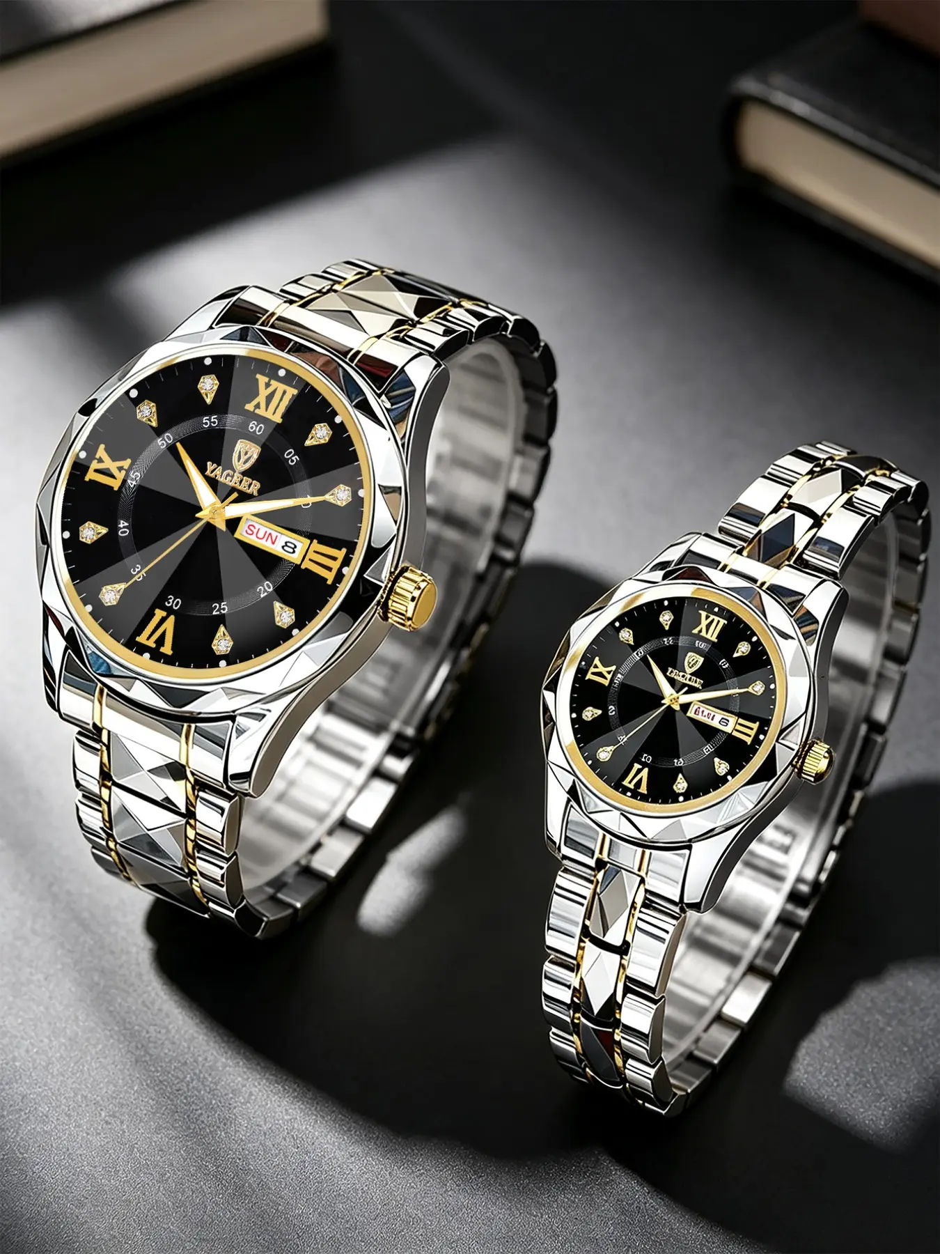Couple Watch Set, Stainless Steel, Dual Calendar, Rhinestone Buckle, Casual Style, Quartz Movement, All Seasons, Perfect Gift