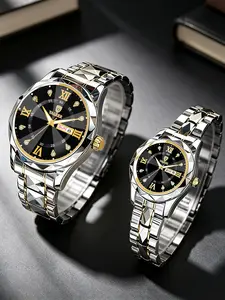 Couple Watch Set, Stainless Steel, Dual Calendar, Rhinestone Buckle, Casual Style, Quartz Movement, All Seasons, Perfect Gift