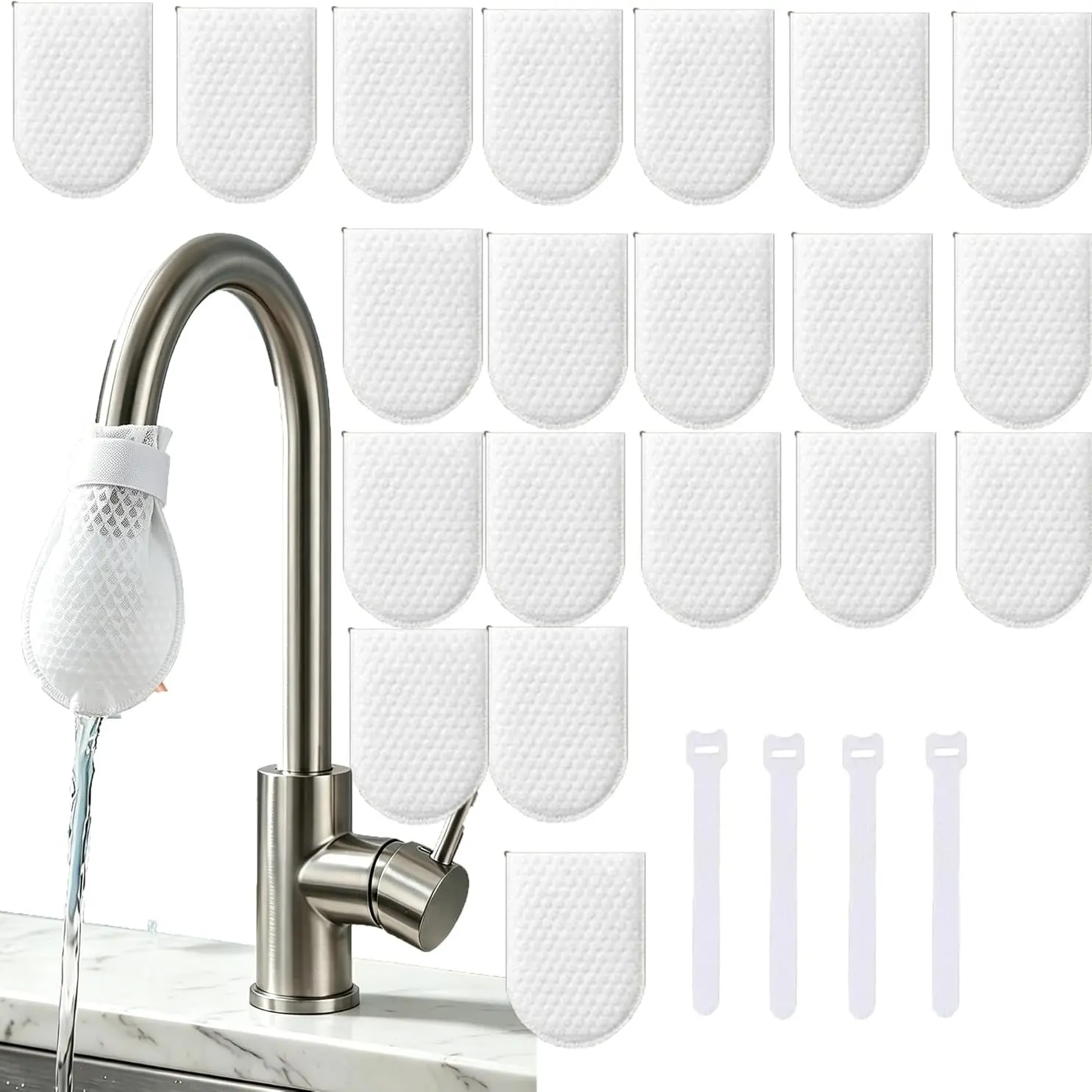 Universal Faucet Filter Bag for Kitchen Sinks, Sediment Interception Mesh for Up to 2.5cm Faucets - Splash Guard & Debris Capture,20-Pack Faucet Filter Cotton Bags with4 Reusable Straps, Kitchen Sink Accessories