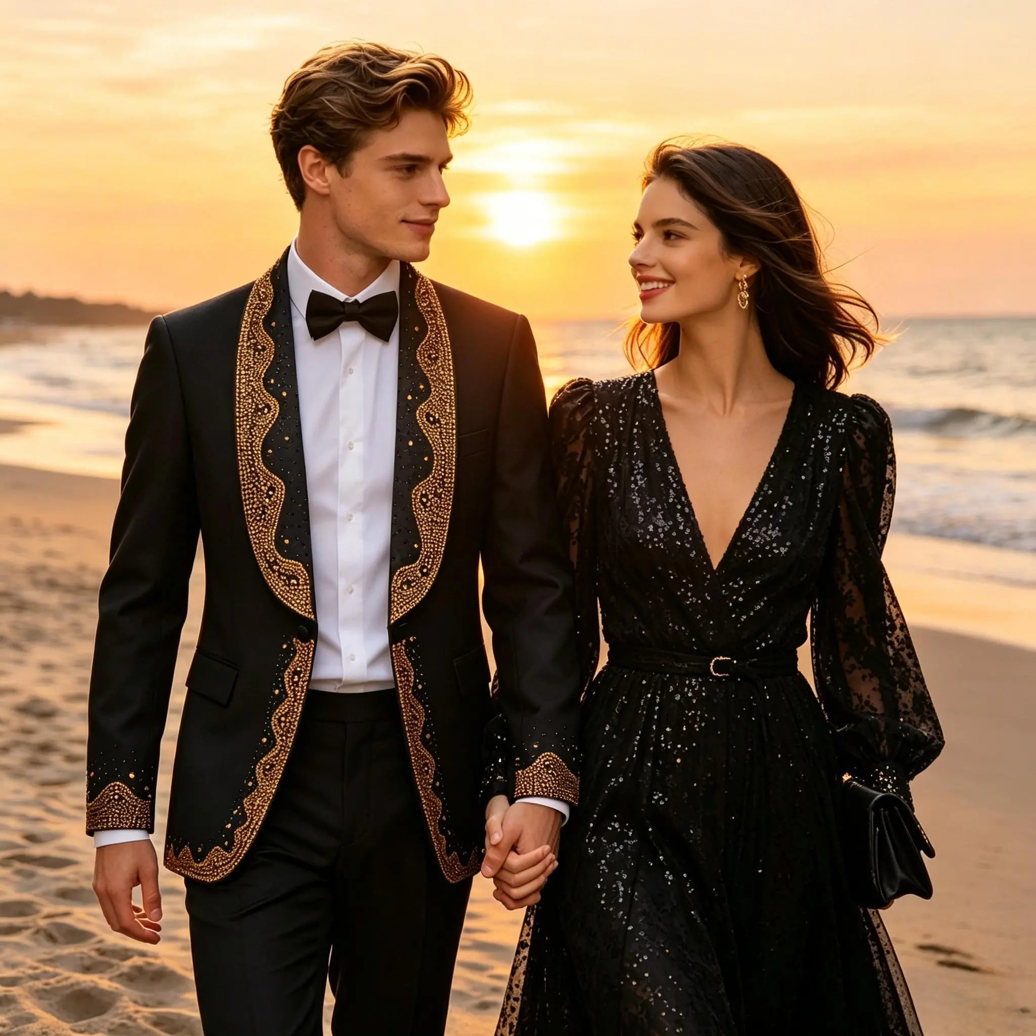 Men's Luxury Rhinestone Shawl Lapel 3-Piece Tuxedo Suit, Jacket Double Breasted Vest Pants Formal Outfit, Free White Shirt & Black Bow Tie for Date, Beach Wedding & Evening Gala