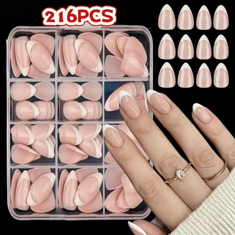 216 Pieces Short Almond French Nail Tips, French Fake Nails Set, Decorative Nails, Simple Versatile Design, Reusable for Women, 12 Sizes Included