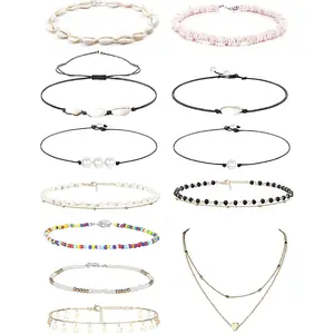 12Pcs Pearl Shell Necklace Set for Women, Star Chain Hawaiian Seed Bead Layered Necklaces, Puka Chip Handmade Jewelry