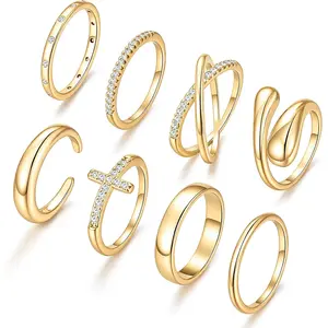 Non Tarnish Chunky Gold Rings for Women, 14K Gold Plated Dainty Stackable Cross Cubic Zirconia Ring Set, Knuckle Stacking Pinky Thumb Ring Statement Wedding Bands Jewelry Size 4.5-10