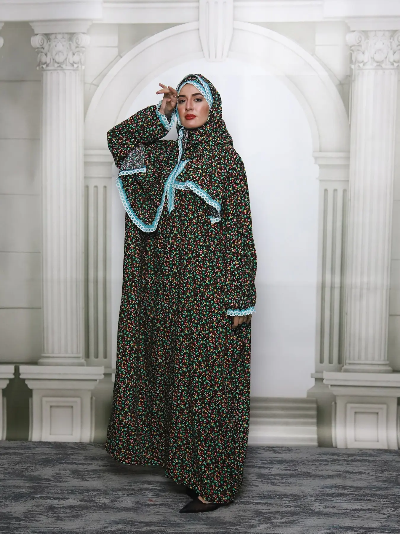 Middle Eastern Women's High-End Elegant Lace Scarf Prayer Dress, Fashion Printed Long Dress, Modest Loose-Fitting Long Sleeve Dress