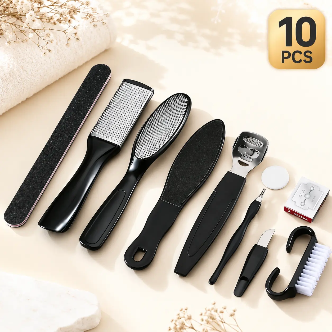 10-Pc Black Foot Care Kit| Callus Remover & Foot File Set for Cracked Heels, Dead Skin & Smooth Summer Feet Salon Daily, Brush, Stainless Salon Daily Stainless Steel Brush Manicure Nail