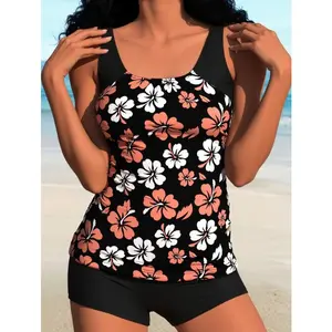 Women's Summer 2-Piece Printed Tankini Swimsuit Set - Quick Dry, UV-Protective Modest Swimwear with Loose Printed Top, Solid High-Waisted Tummy Control Slimming Bottom for Beach Vacations, Pool Parties