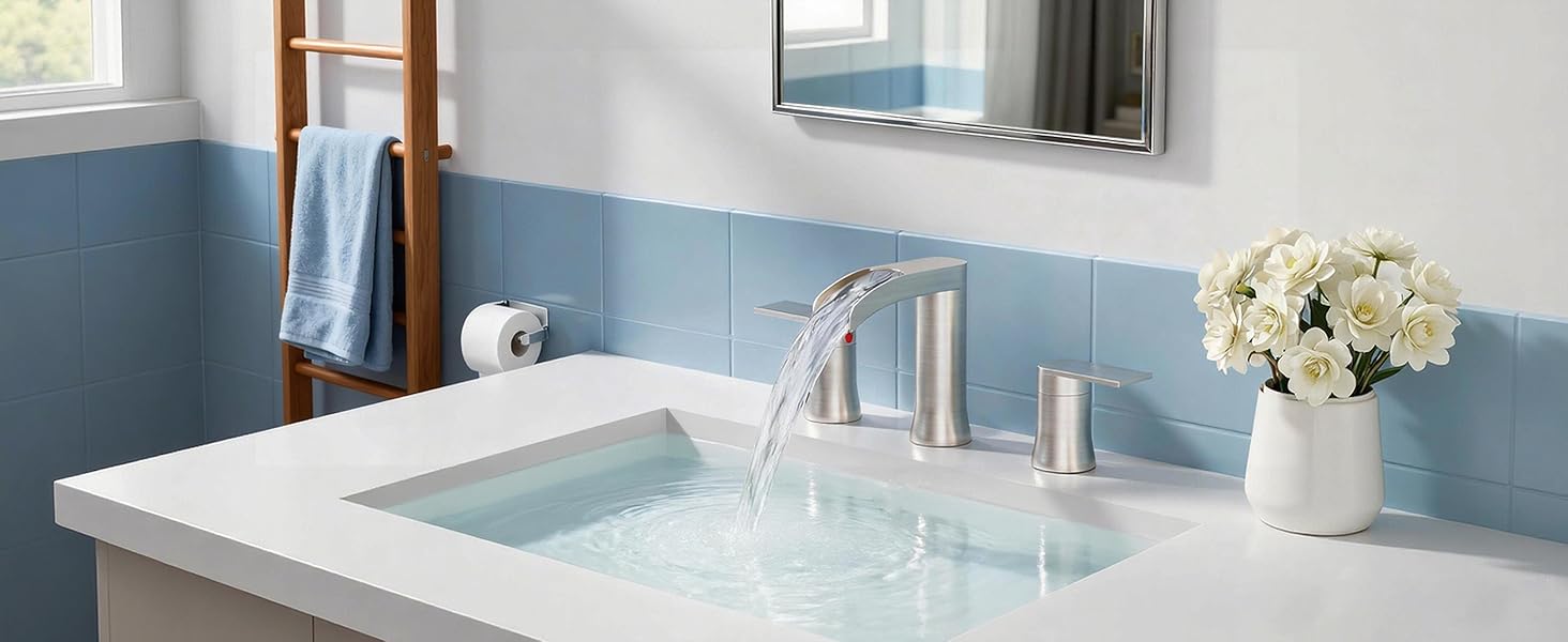 SSREEZNX Waterfall Faucets Brushed Nickel, Sink Faucet 3 Hole, Widespread Sink Faucet with Pop-up Drain and Line for