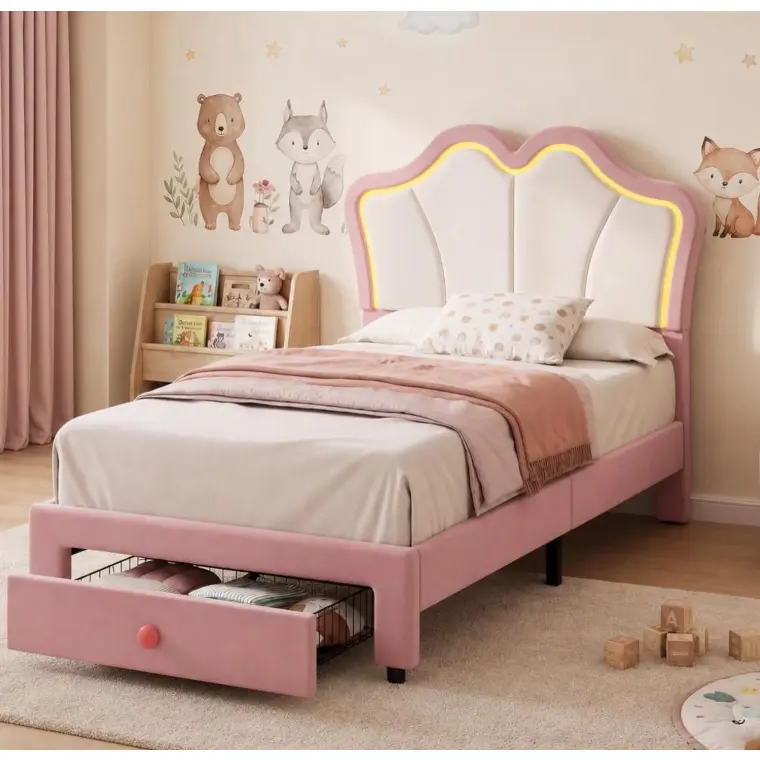 Dreamy Velvet Twin Bed with LED Headboard & Storage Drawer, Princess Pink, No Box Spring, for 8-10'' Mattress, Kids/Teens Room