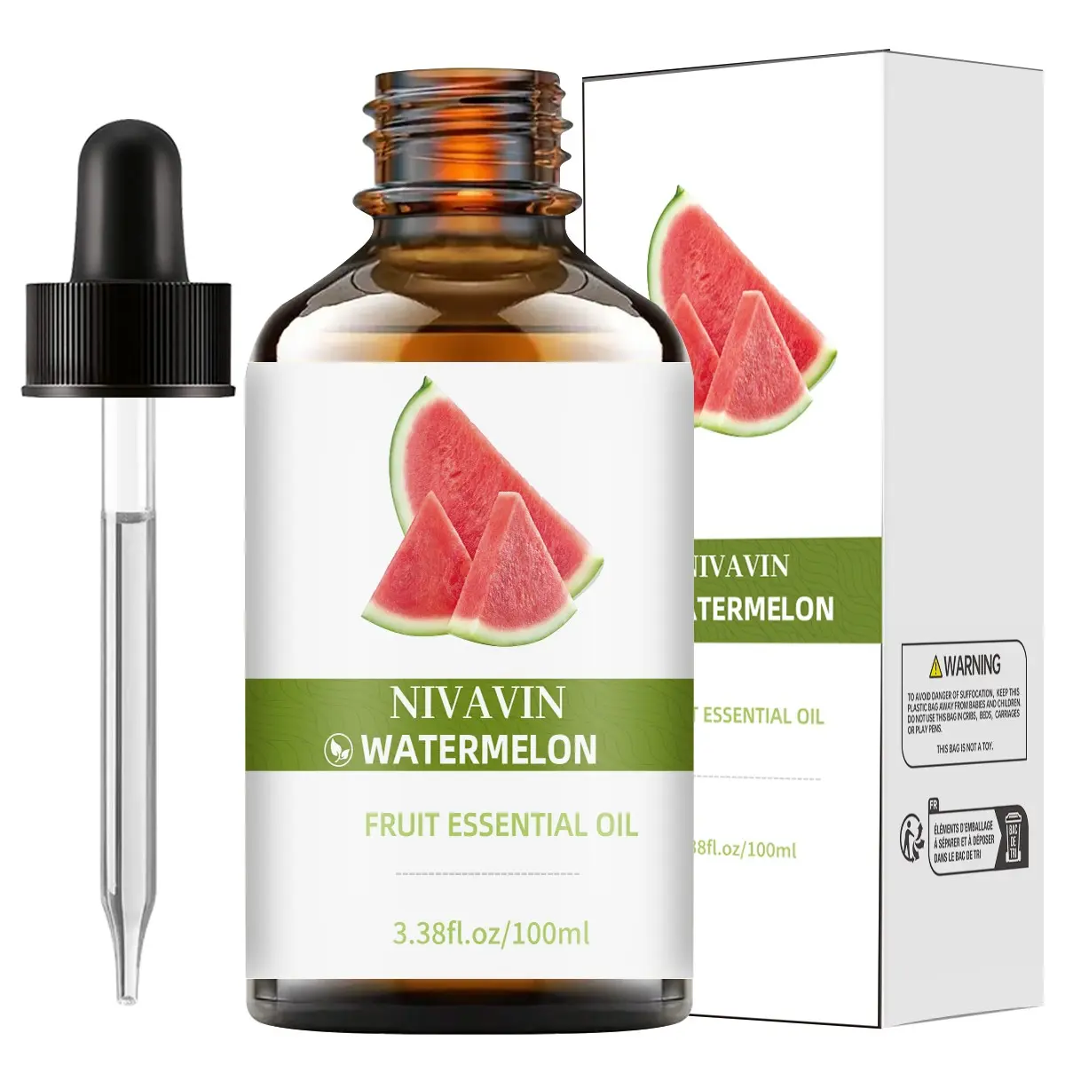 NIVAVIN Watermelon Essential Oil 100ml is made from 100% pure natural plant extracts. It freshens the air, has a sweet and refreshing scent, and a long-lasting fragrance. Suitable for home, office, and other settings. You can also customize its use.