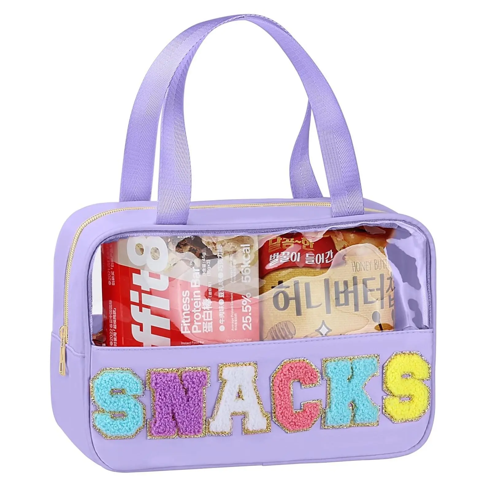 Large Clear Chenille Letter Snack & Makeup Bag with Handle and Zipper - Cute Preppy Patch Travel Toiletry Organizer, Waterproof Nylon/PVC Storage Pouch for Women GirlsGift