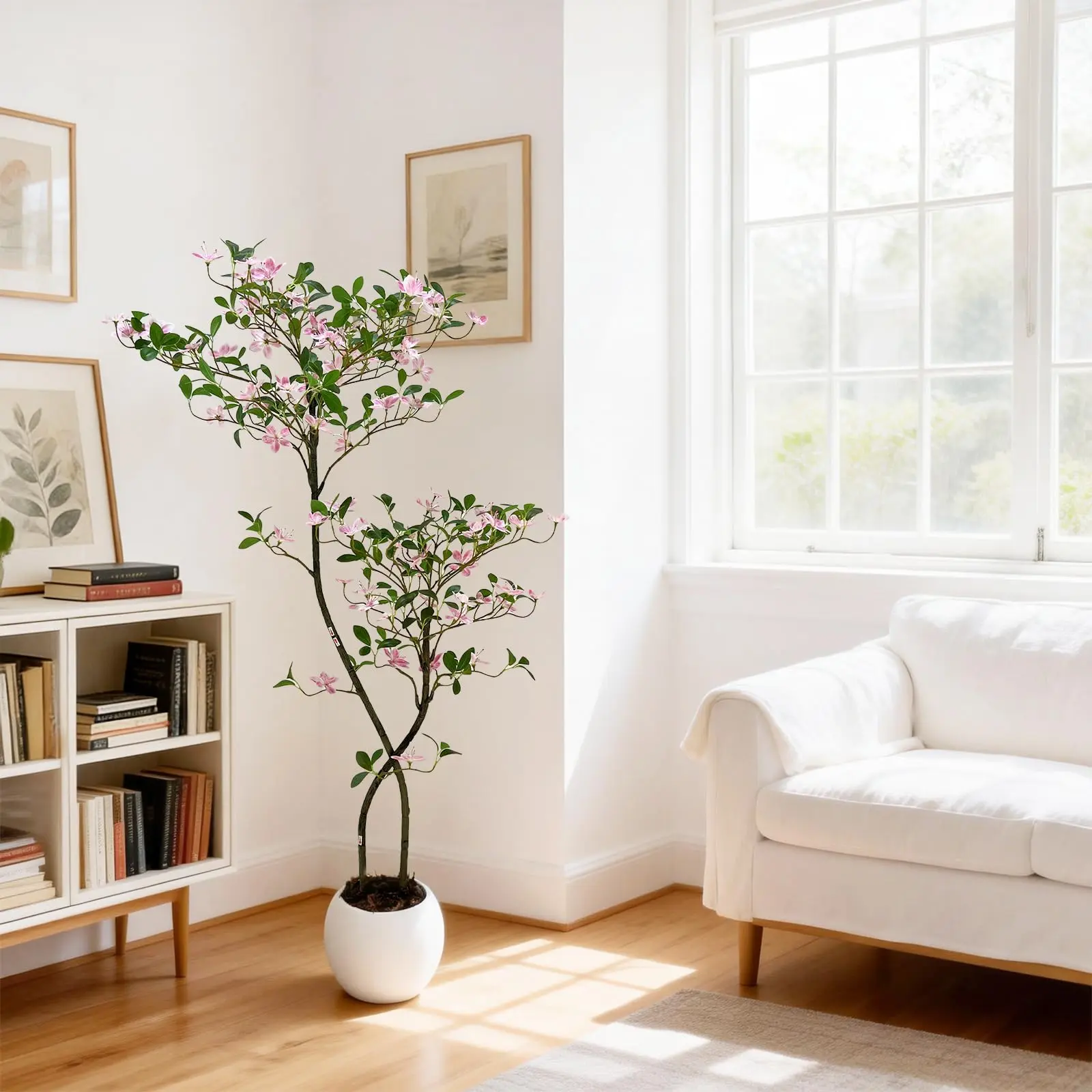 5ft Lifelike Artificial Floral Tree - Real Touch Faux Indoor Floor Flower Plant, UV-Resistant, White Planter, Decorative Greenery Centerpiece for Home, Office Floral Decor