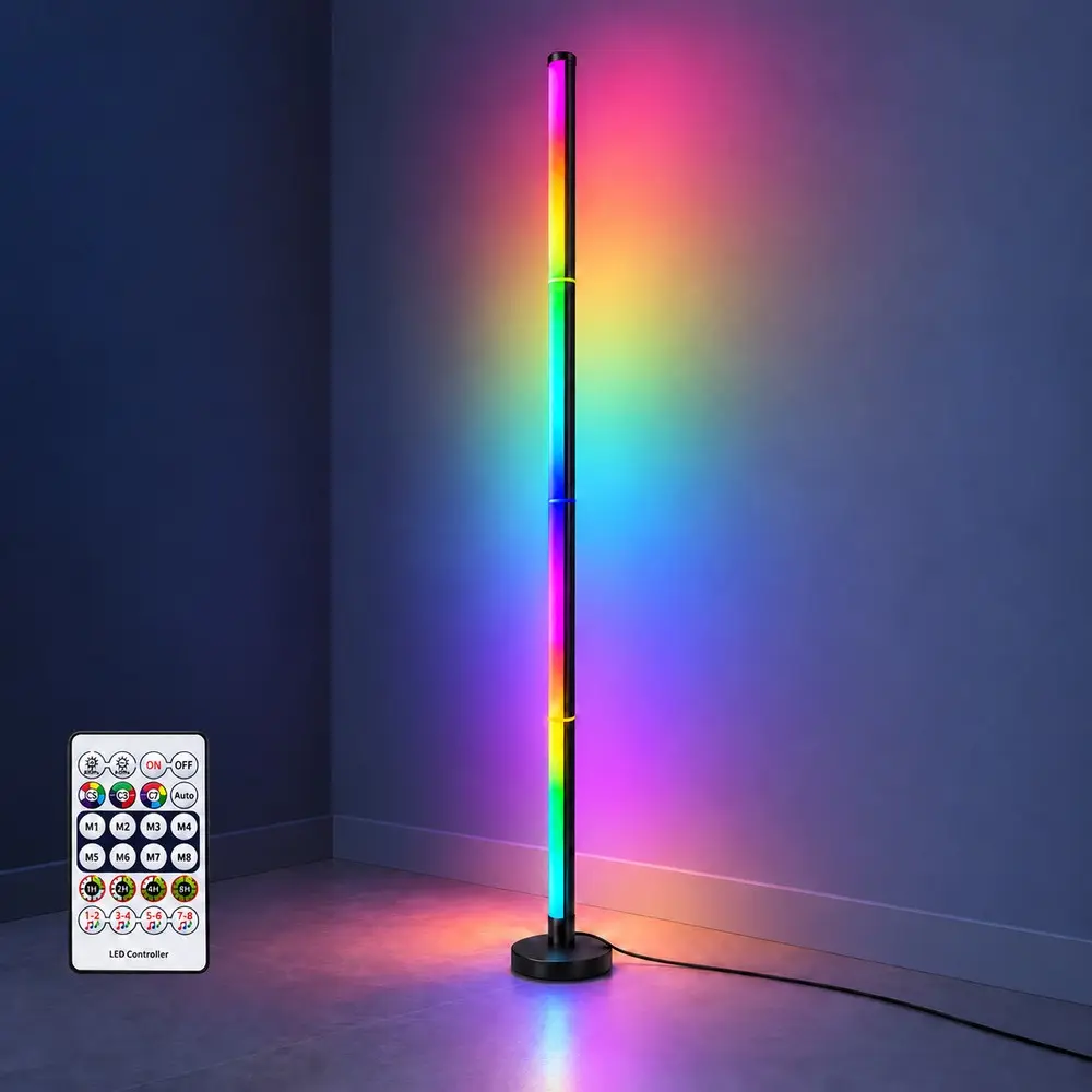 Smart RGB LED Corner Floor Lamp with APP & Remote Control, Music Sync, Dimmable Color Changing Standing Light with Timer, USB Powered Ambient Lighting for Living Room, Bedroom, Gaming Room