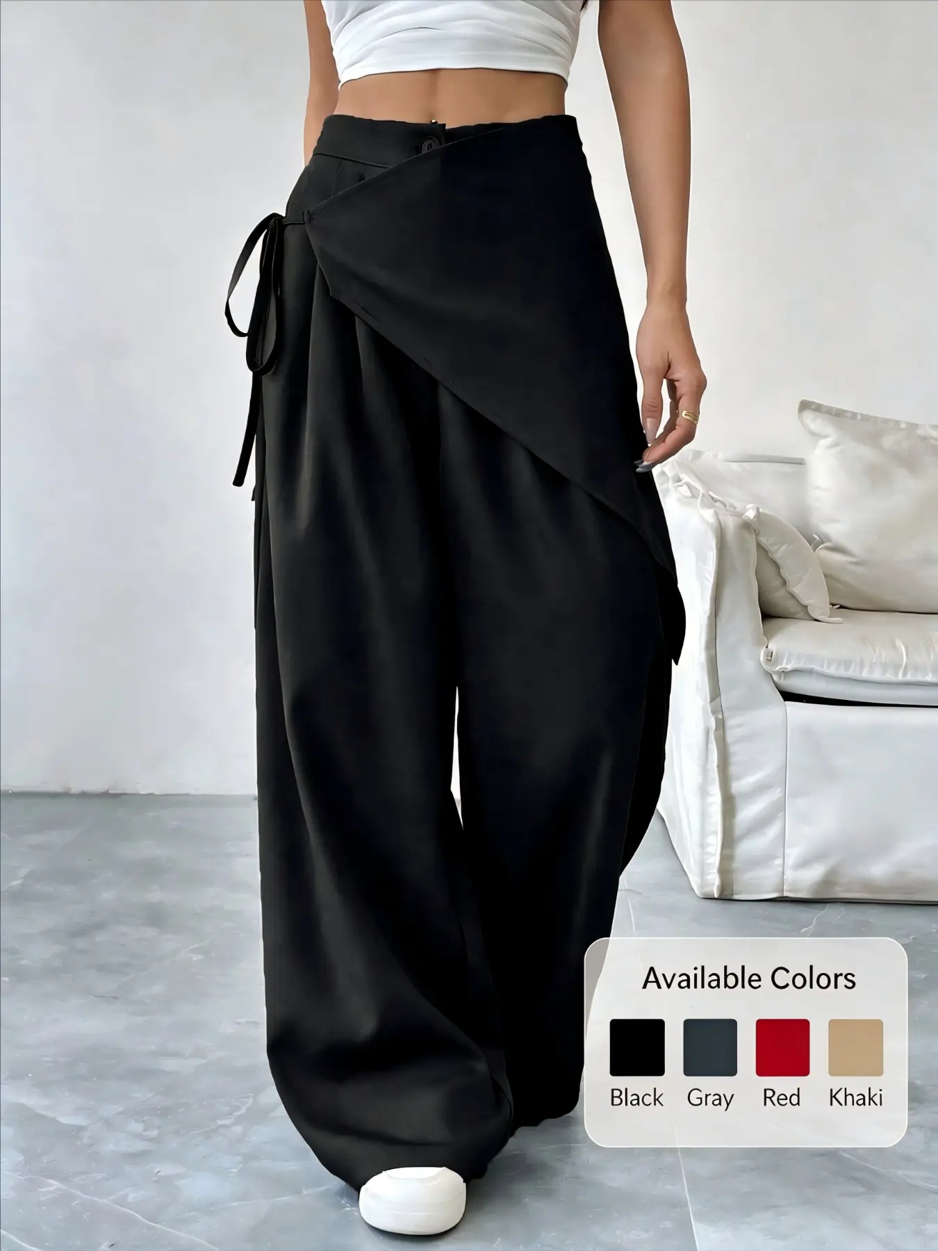 High-Waisted Cross-Over Pleated Wide Leg Pants, Drawstring Adjustable Asymmetrical Skirt Style Suit Long Pants, All Seasons Solid Pattern
