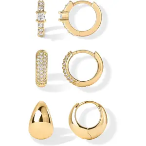 18K Gold Plated 925 Sterling Silver Posts Three Pairs Huggie Hoop Earrings for Women - Triple Gold Hoop Earring Pack with Cubic Zirconia - Hypoallergenic Chunky Dome Pave Huggie Piercing Statement Jewelry SetGift.