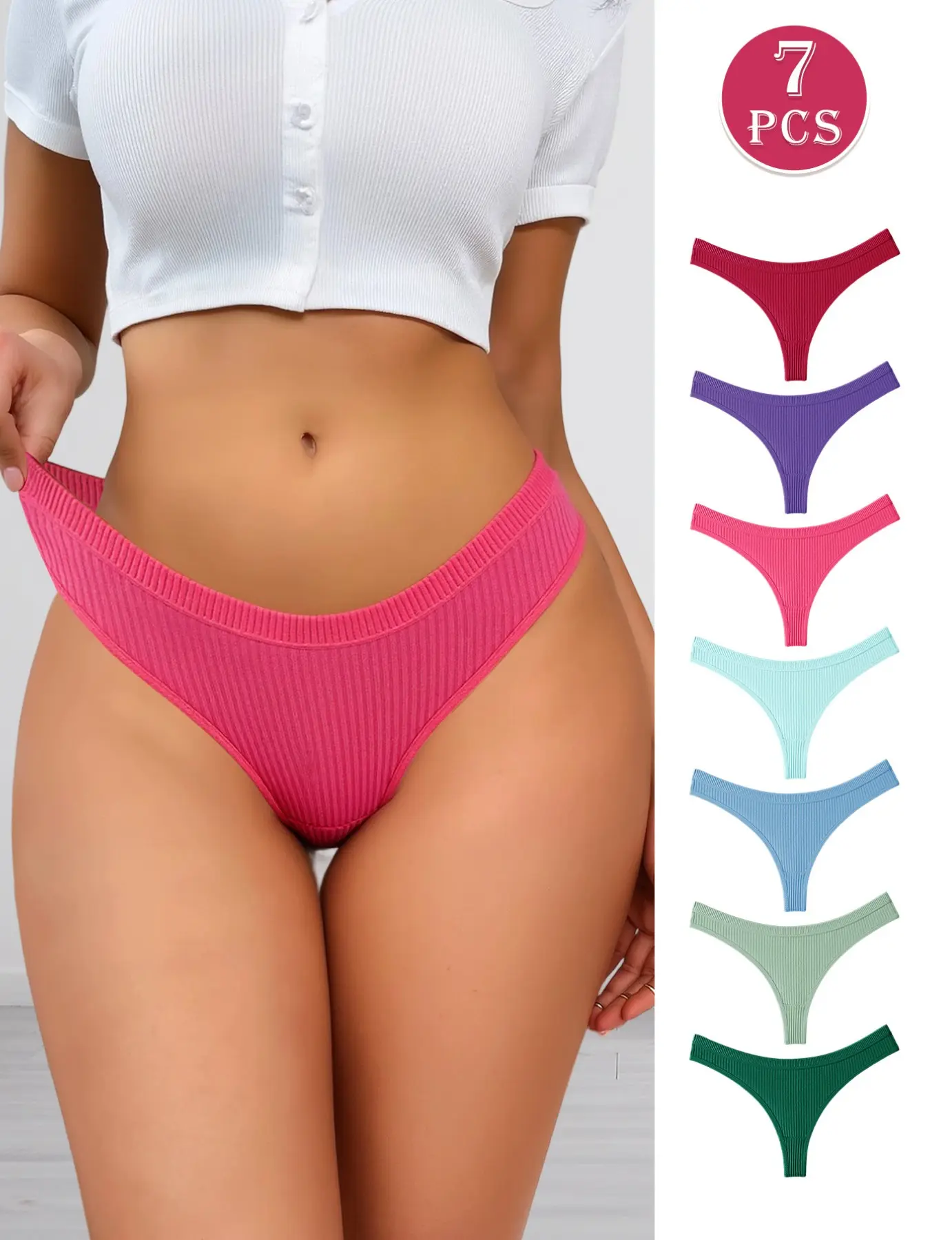 Hotcom Women's Ribbed Solid Color Bikini Underwear Set (7 Pcs), Comfortable Breathable Seamless Design, Ideal for Daily Wear