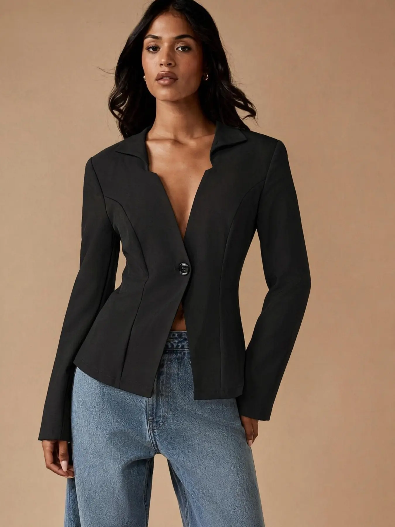 Boxy Fit Professional Slim Fit Blazer, Chic, Deep V Neck, Single Button Front, Long Sleeve, Office Business Formal Wear, Women's Fashion