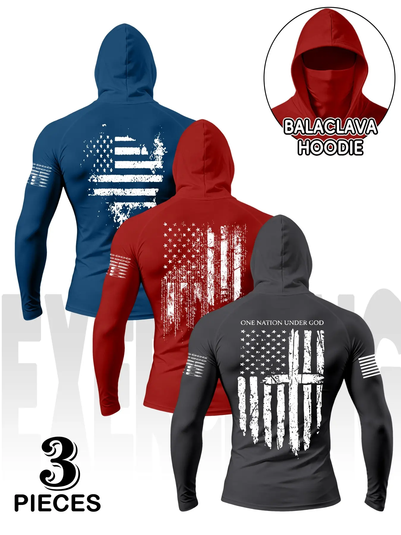American Flag Retro 3-Piece Set, Unisex Long Sleeve Fitted Sportswear, Durable Tactical Outdoor Fitness Apparel, Slimming Design