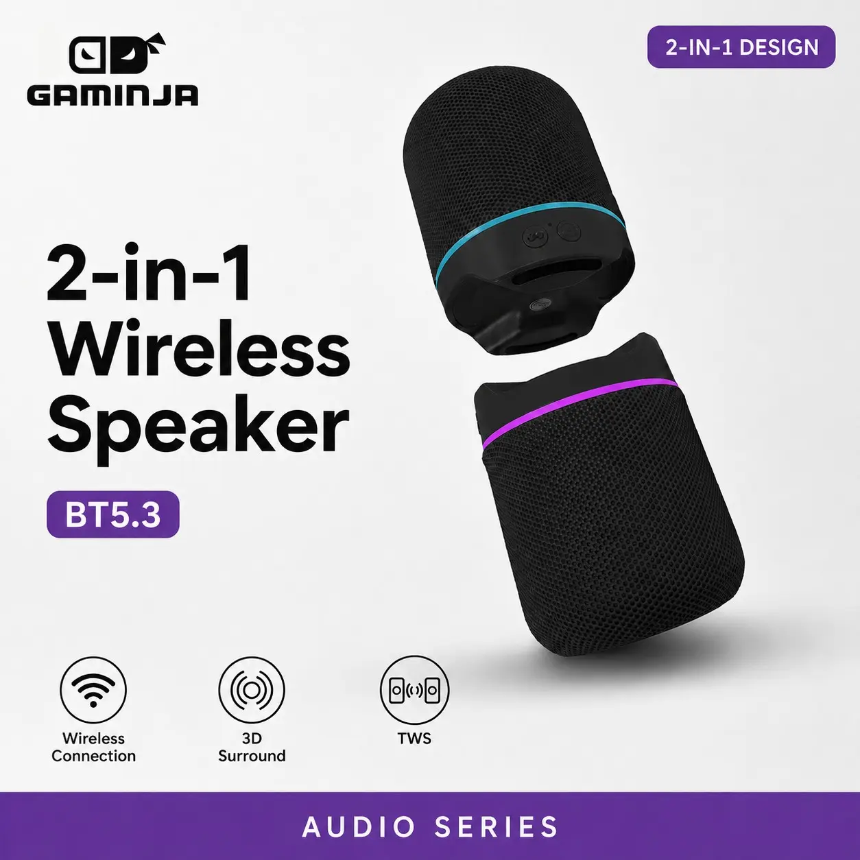 2-IN-1 Wireless Speaker Bluetooth, Multifunctional wireless speaker, Twist and Split to 2 Speaker, FM Radio, Magnetic audio system, For Home/Outdoor/Beach/Party, [Stromberg] [TWIN-2] Stereo Audio