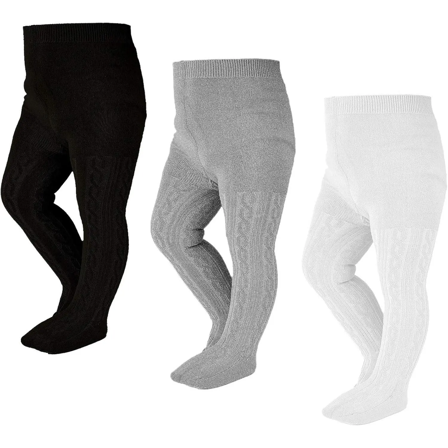 Baby Girl Thick Cable Knit Cotton Tights - 3 Pack, Black/Gold/Ivory Pantyhose for Newborns, Infants (0-3 Months, 12-24 Months), Black/Gold/Ivory,3 Pack