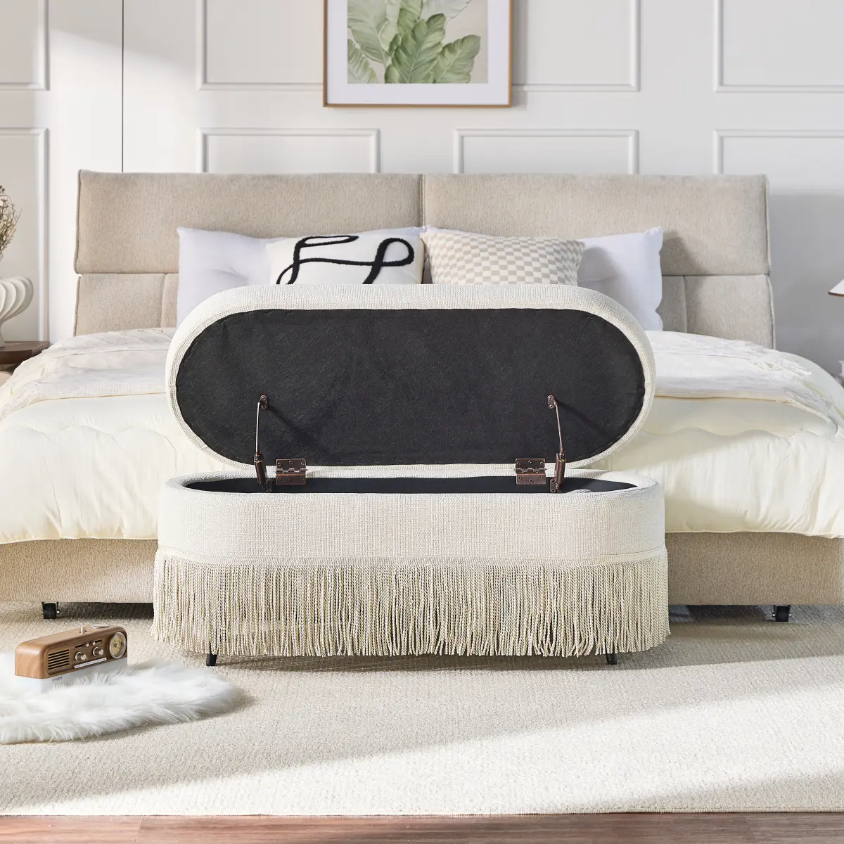 Oval Upholstered Storage Ottoman with Fringe Trim & Lift-Top Lid - 39"L x 16"W x 17"H, Multi-Functional Footrest & Hidden Storage for Living Room or Bedroom - Beige Fabric with Metal Frame