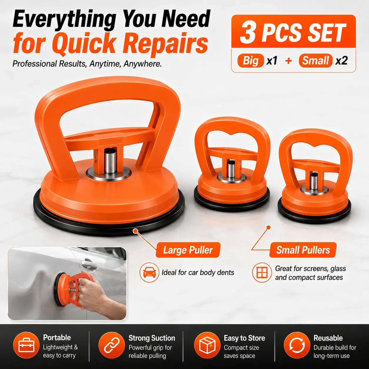 3 Pack Car Dent Puller, Suction Cup Dent Remover Tool,Compact Suction Cups for Glass Vehicle Body Repair Kit Handle Lifter for Car Body, Doors, Glass, Objects Moving and Tiles Lifting, Tiles & Smooth Surfaces, Handy Dent Remover Tool for Daily Use