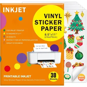 30 Sheets Premium Printable Glossy White Waterproof Vinyl Sticker, Suitable for Inkjet Printers, Dries Quickly, Vivid Colors, Tear Resistant, 8.5x11" Great for Cutting Machines