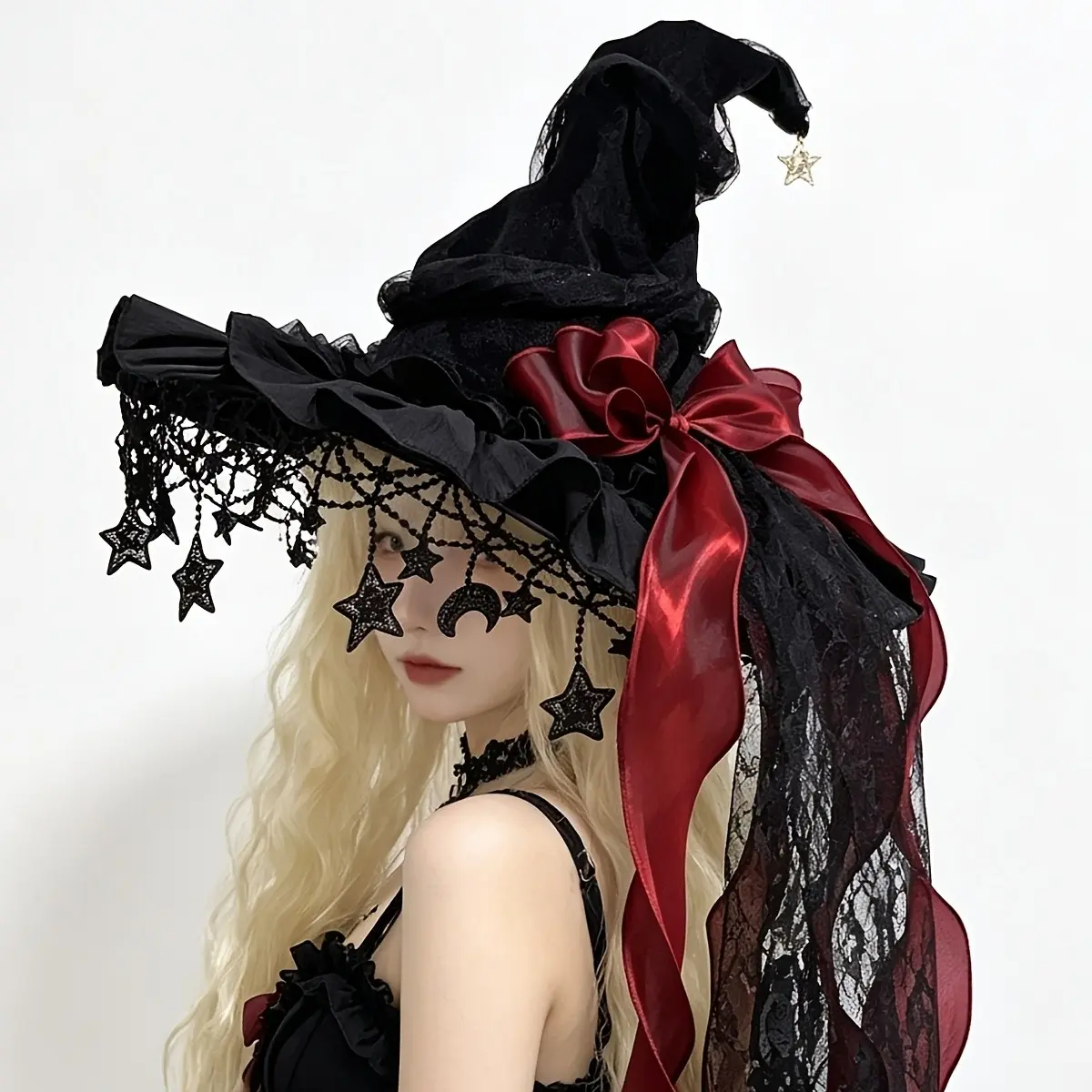 Lace Velvet Witch Hat with Lace Trim and Moon Pendant, Perfect for Halloween Costume Party, Cosplay Event Accessories