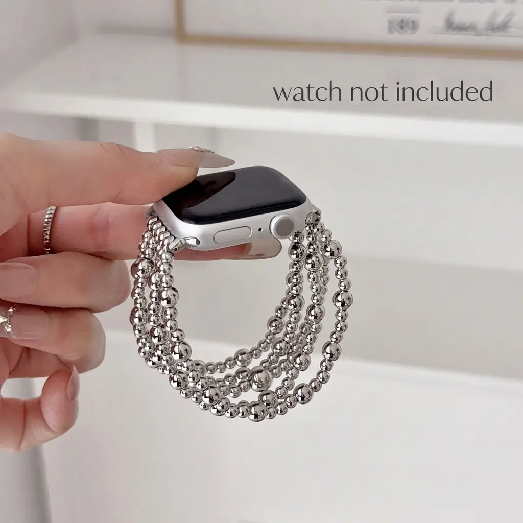 1PC Fashion Metal Bead Chain Smart Strap, Elastic Rope, Compatible with Apple Watch 38/40/41/42/44/45/46/49mm, Suitable for Apple Watch Series Ultra/SE/11/10/9/8/7/6/5/4/3/2/1, Smart Watch Straps, Smartwatch Accessories (Band Only)